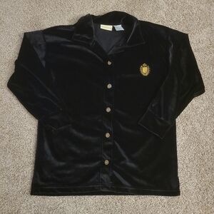 Vintage Velour Velvet Black Button Down Blouse Shirt Gold Embroidered Logo